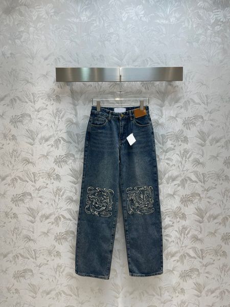 

fashion design 2023 new embroidery pattern blue denim leather wide leg pants women high waist streetwear jeans