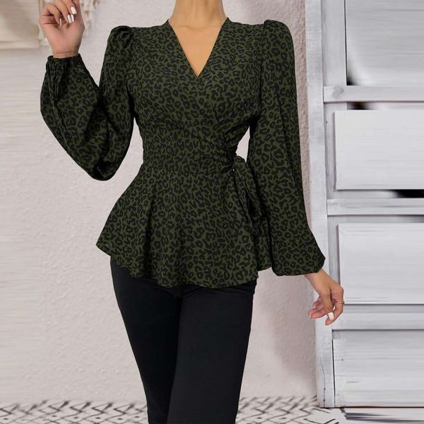 

development of temperament leopard print shirt womens deep v waist slimming french retro clothes, White