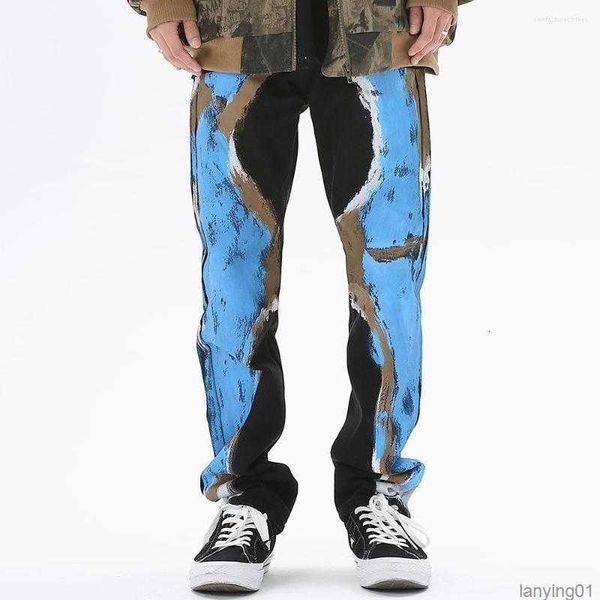 

men's jeans hip hop denim pants 2023 men streetwear graffiti painted fashion harajuku casual joggers trousers harem, Blue