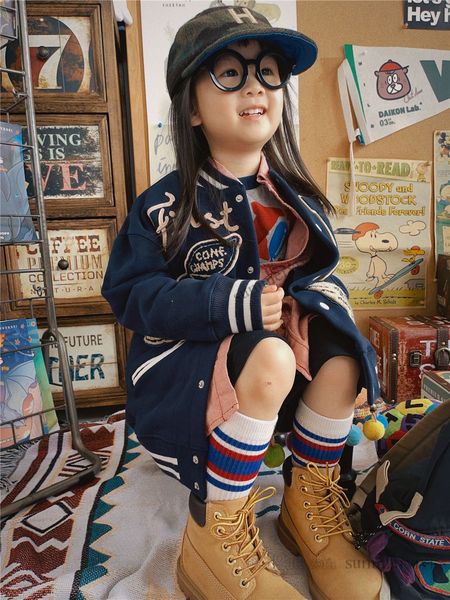 

fashion children badge appliques patch jacket kids back letter printed baseball uniform ins children stripe long sleeve outwear s0338v, Blue;gray
