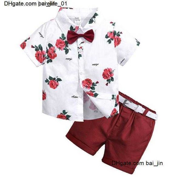 

boys clothing kids sets children clothing set summer baby boy clothes flower tie shirts+shorts 2pcs gentleman suit with tie, White