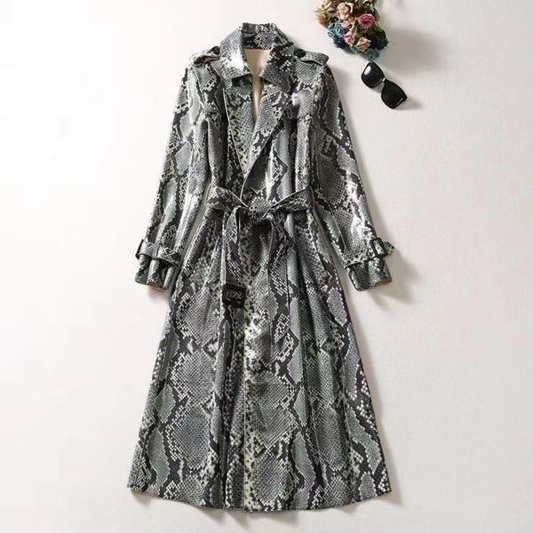 

european and american women's clothing 2023 autumn new long sleeve suit collar snake print fashion belt trench coat xxl, Tan;black