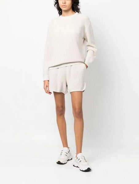 

women's two piece pant's sequin decoration knitwear suit round neck long sleeve sweater pullover or elastic waist straight shorts, White
