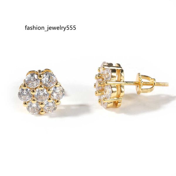 

stud hiphop 18k gold plated jewelry earrings screw backs square cubic zirconia flower earrings for man woman nice gift, Golden;silver