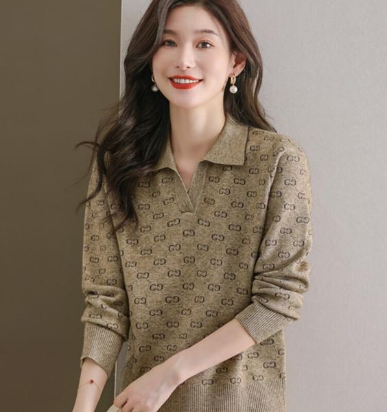 

designer sweater women jacquard v-neck sweaters jumper luxury polo collar knitted new autumn winter keep warm woolen pullover sweatshirt, White;black