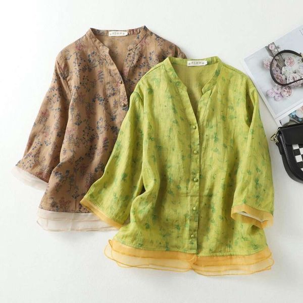 

vintage cotton and linen printed shirt hem stitching organza artistic large size temperament floral womens, White