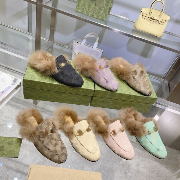 

womens men genuine leather loafers double letter g princetown slipper fur muller slippers with metal buckle women dress ladies casual flat m, Black