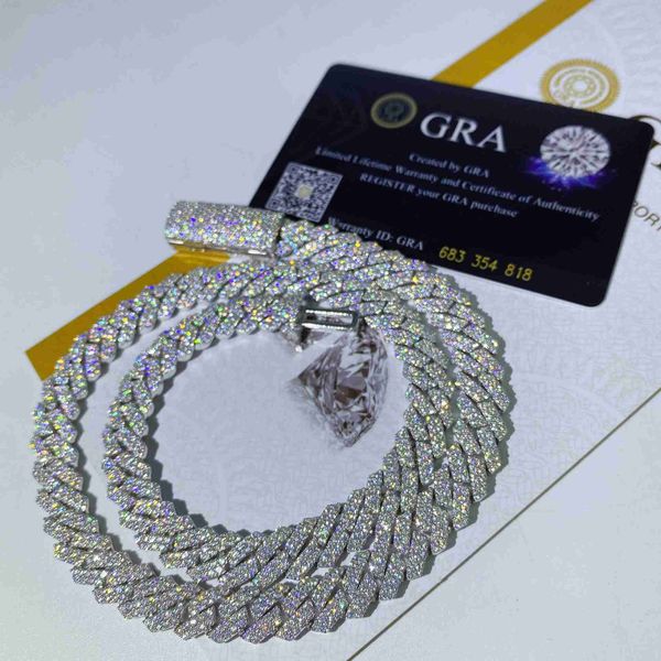

customized moissanite stone zircon rhodium plated 15mm chain non fade s925 silver cuban necklace jewelry