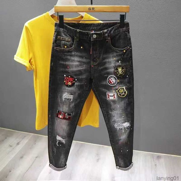 

black pants black and gray embroidery ripped jeans men's personality bump color splash paint retro korean version show thin elastic sma, Blue