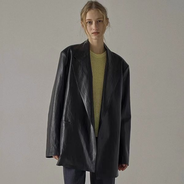 

women's leather faux luxury brand's jackets turndown collar clothing coat fashion minimalism solid color design jacket 230812, Black