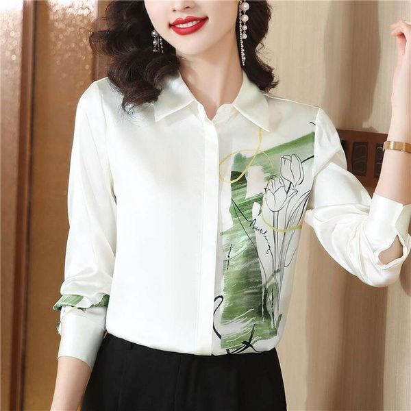 

beautiful style womens blouses pootwork commuting temperament exquisite print life like silk blouse for women, White