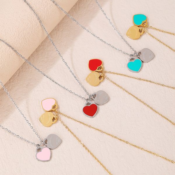 

18k gold plated designer double heart pendant necklace woman stainless steel blue pink green luxury jewelry valentine's day christmas g, Silver