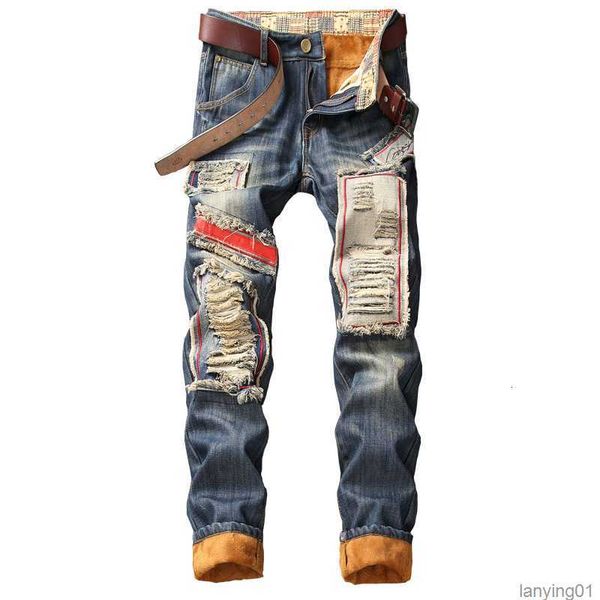 

denim designer hole jeans ripped pants for men size 28-38 40 autumn winter plus velvet hip hop punk streetwear trousers, Blue