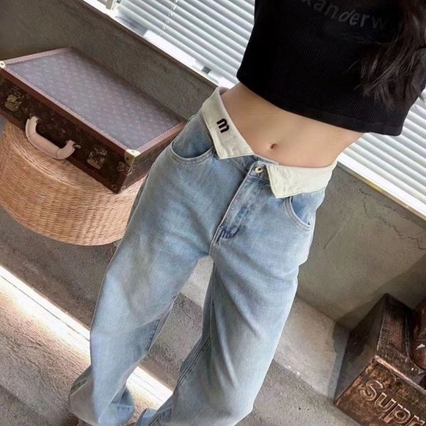 

flipped mi embroidered straight leg jeans with retro washed style, slim and versatile long pants with high waist and wide legs, Blue