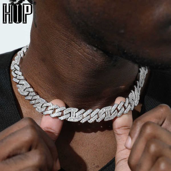 

hip hop 14mm 2 row heavy prong baguette curb chain iced out box buckle copper aaa+ cubic zirconia for men jewelry, Silver