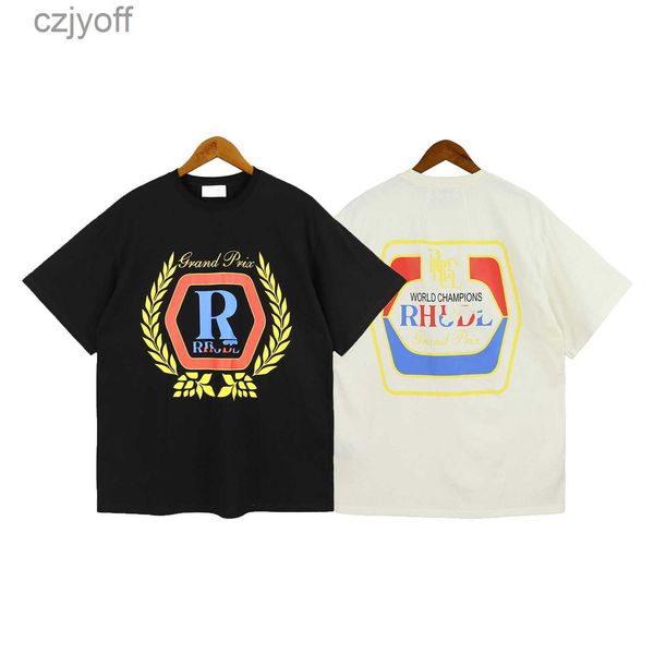 

summer trendy brand r logo printed on pure cotton loose fitting trend casual round neck short sleeved t-shirt for men, White;black