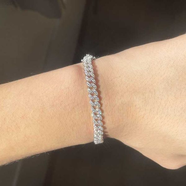 

single row 925 silver 6mm wide set 5a cz diamond bracelet cuban link chain
