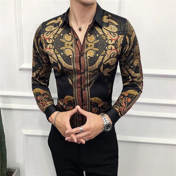 

men's dress shirts autumn mens gold social club shirt luxury baroque camisa slim fit black designer1300l, White;black