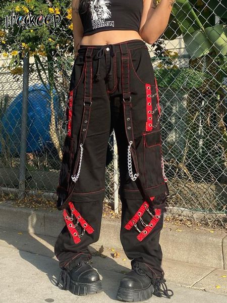 

women's pants capris weekeep punk wide leg pants streetwear low rise baggy gothic cargo pants korean hip hop patchwork casual trousers, Black;white