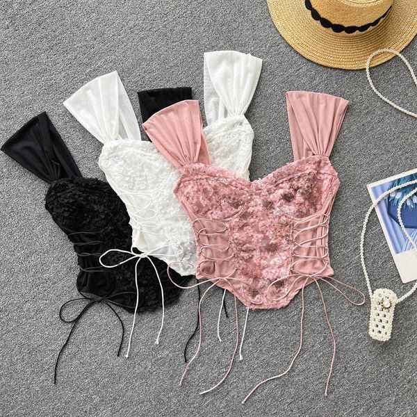 

applique floral corselets sheer mesh lace up lingerie bustier straps cupped corset-style tank for women lingerie look, Red;black