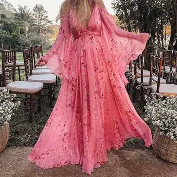 

autumn winter new sweet v-neck floral pink pgraphy long dress pregnant women plus size women large swing dress, White