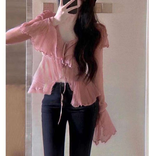 

pink flared shirt sleeves blouse sweet fairy pure desire gentle short girl ruffled thin for women, White