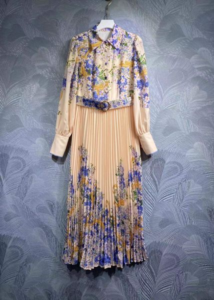 

high-quality autumn printed long -sleeve lapel neck pleated dress, Black