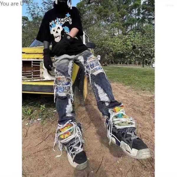 

men's jeans mens retro patchwork grey pants grunge wild stacked ripped long trousers straight y2k baggy washed faded for men, Blue
