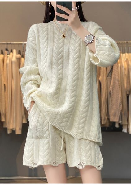 

women's two piece pants autumn and winter fashion casual loose brand female women girls wool warm sweater shorts sets suits clothing 23, White