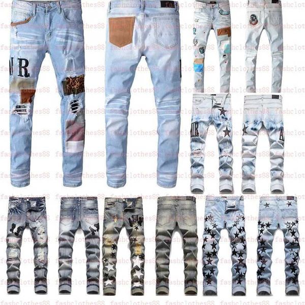 

men's jeans designer european jean hombre letter star men embroidery patchwork ripped for trend brand motorcycle pant mens skinny, Blue
