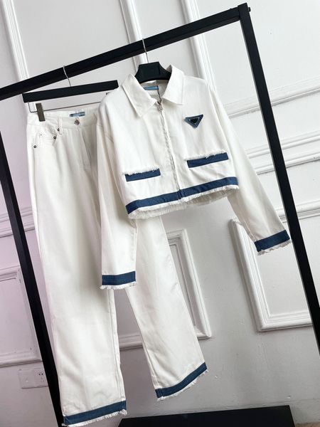 

new autumn fashion women's two piece denim pants long sleeved turn down collar solid colour jacket with loose casual pants set tracksui, White