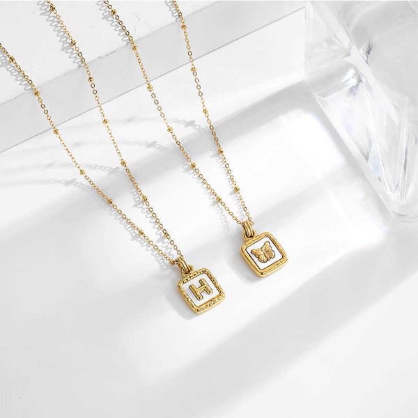

fashion designer h square butterfly english white shell pendant titanium steel necklace female minority design temperament collarbone chain, Silver