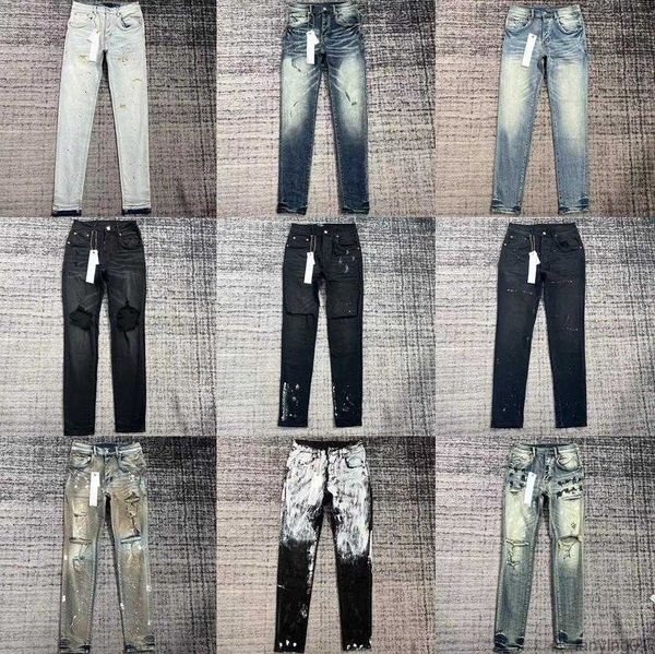 

mens purple jeans designer stacked long pants ripped high street brand patch hole denim straight fashion streetwear silm, Blue