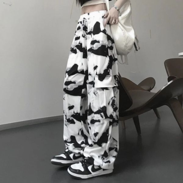 

womens pants capris cargo tie dye harajuku streetwear wide leg women high waisted trousers punk oversize aesthetic korean fashion y2k clothe, Black;white