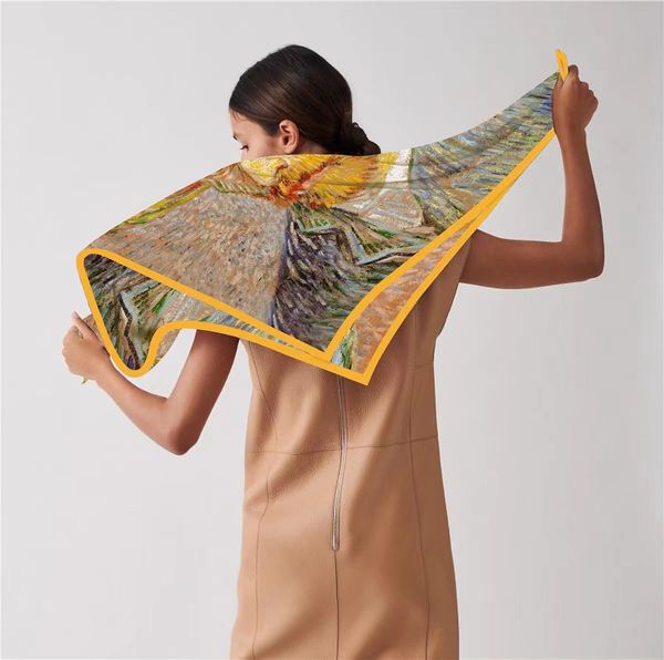

vg oil painting series scarves hangzhou high-quality twill silk exquisite right-angle hemming, Blue;gray