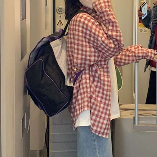 

retro atmosphere pink plaid shirt for women spring and autumn style loose thin, White
