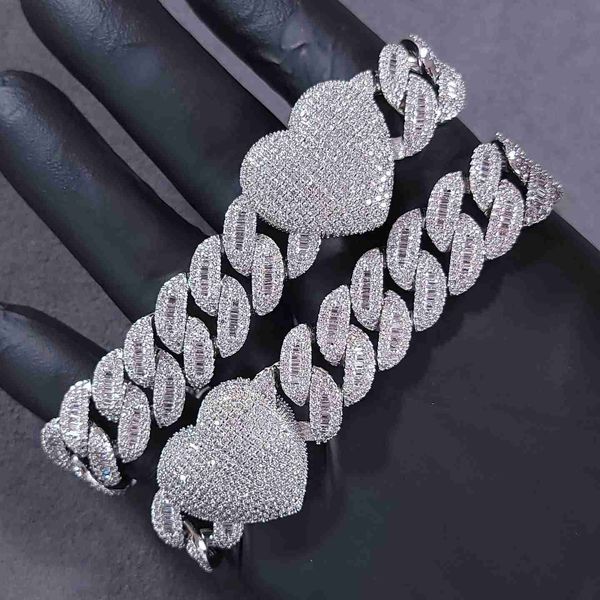 

pass diamond tester heart design vvs baguette moissanite 925 sterling silver iced out miami cuban link chain necklace