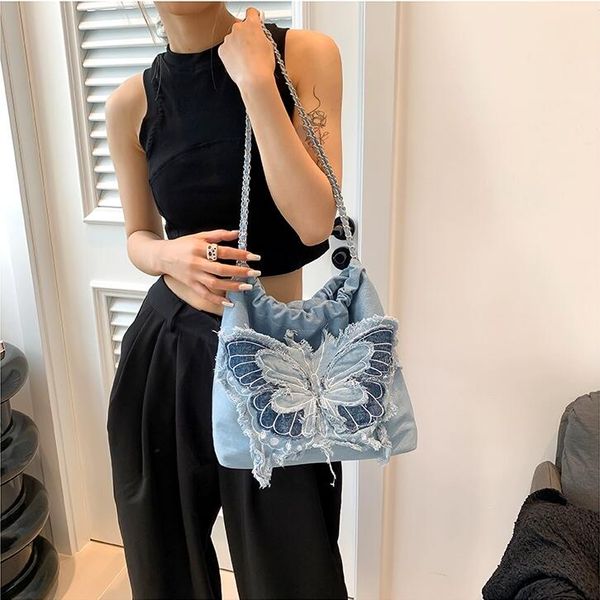 

denim bag new 2023 fashion casual butterfly shoulder bag women's large capacity small chain bucket bag