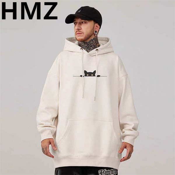 

men's tshirts hmz high street cartoon cat print hoodies clothes couples harajuku sweatshirt streetwear men oversized cotton hip hop hoo, White;black