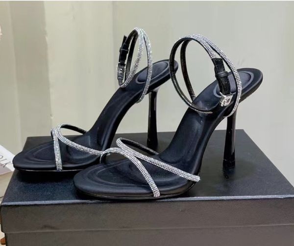 

luxury rhinestone letter 2023 cross straight button european and american slim high heel sandals female size 35-40, Black