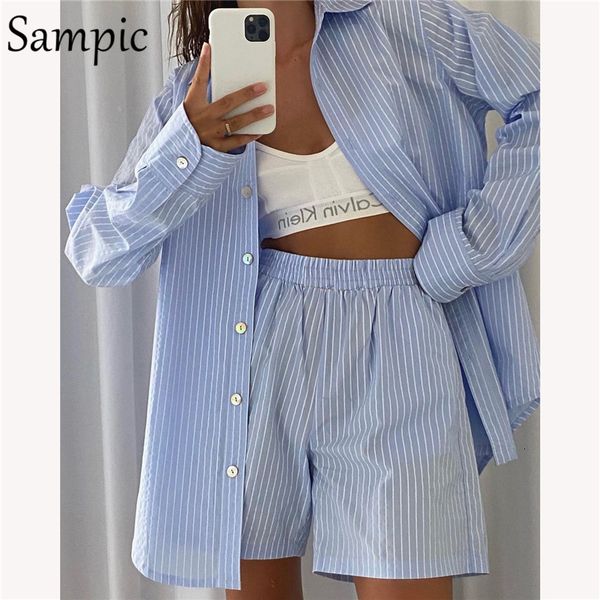 

women's two piece pants sampic loung wear tracksuit women shorts set stripe long sleeve shirt and waist loose high mini sets 230812, White
