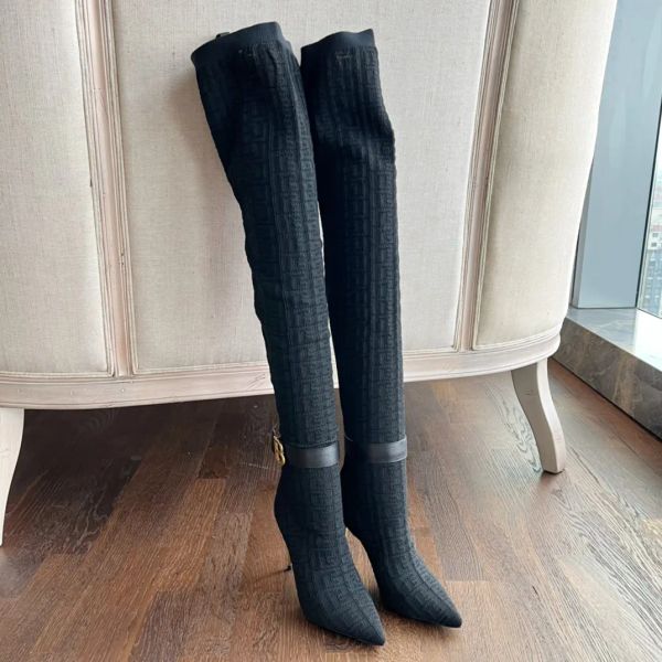 

95mm strech suede over-the-knee boots skye logo knit thigh-high tall boot pointed toe stiletto heel runway luxury designers shoes heeled for, Black