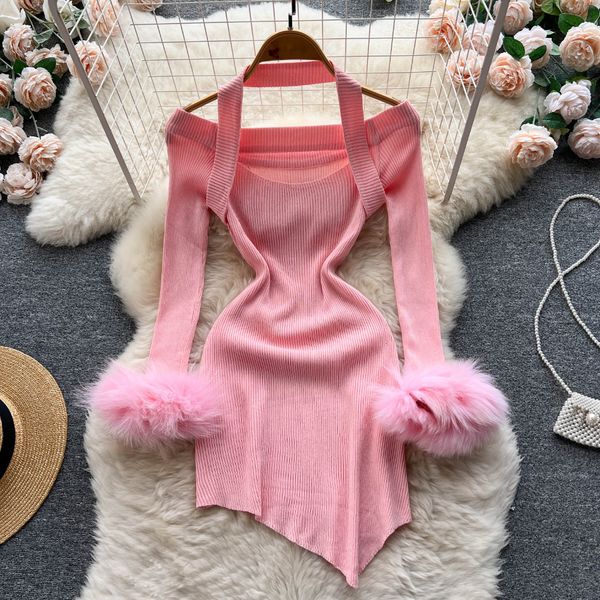 

basic casual dresses chic halter bandage irregular bodycon dress fluffy long sleeve knit birthday autumn winter pencil sweater vestidos 2308, Black;gray