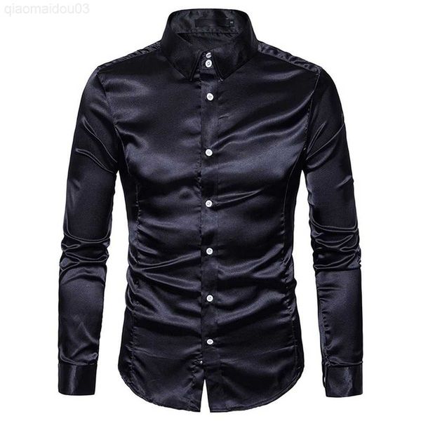 

men's casual shirts eu size new casual men's fashion lapel leisure fashion bright long sleeve shirt slim fit social dress l230813, White;black
