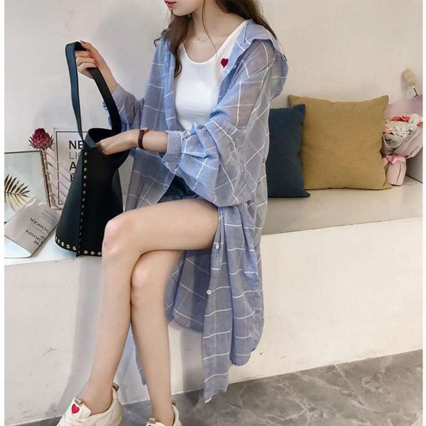 

spring sunblock clothes style loose bf plaid shirt l womens fat  long top, White