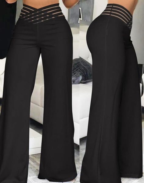 

womens pants capris elegant wide leg fashion office trousers casual crisscross sheer mesh patch high waist flared y2k streetwears 230812, Black;white