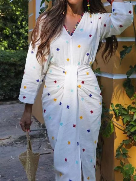 

basic casual dresses traf leisure embroidery midi dress for women summer female holiday style vneck pleated waist with asymmetric hem 230812, Black;gray