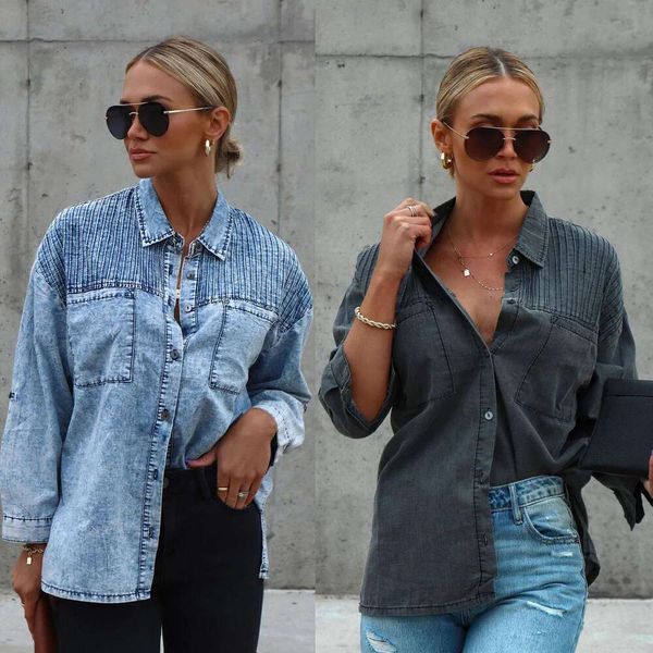 

street trendy spring and summer washed denim shirt for, White