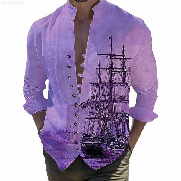 

men's casual shirts men shirt ocean landscape print button cardigan solid color stand-collar long-sleeve blouses autumn casual streetwe, White;black
