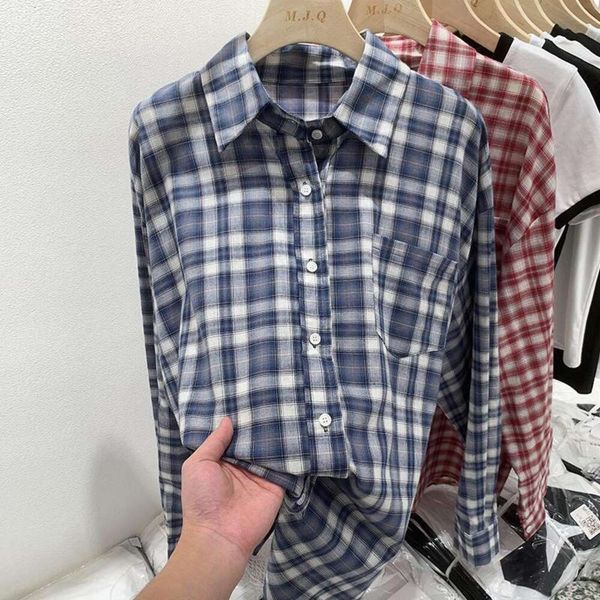 

autumn and summer korean retro shirt plaid casual lazy mid length womens clothing, White